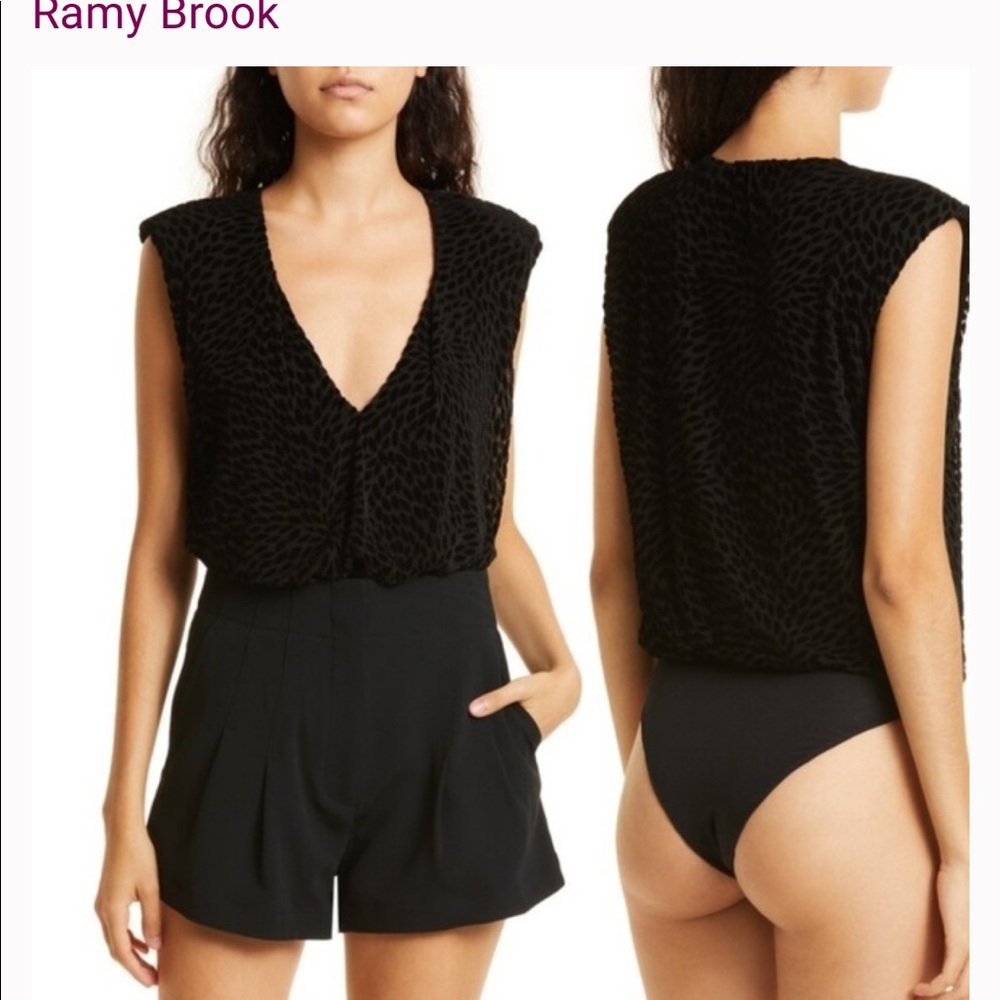 Ramy Brook Black Regina Velvet Embossed Burnout Cap Sleeve V-Neck Bodysuit Small - Picture 9 of 10